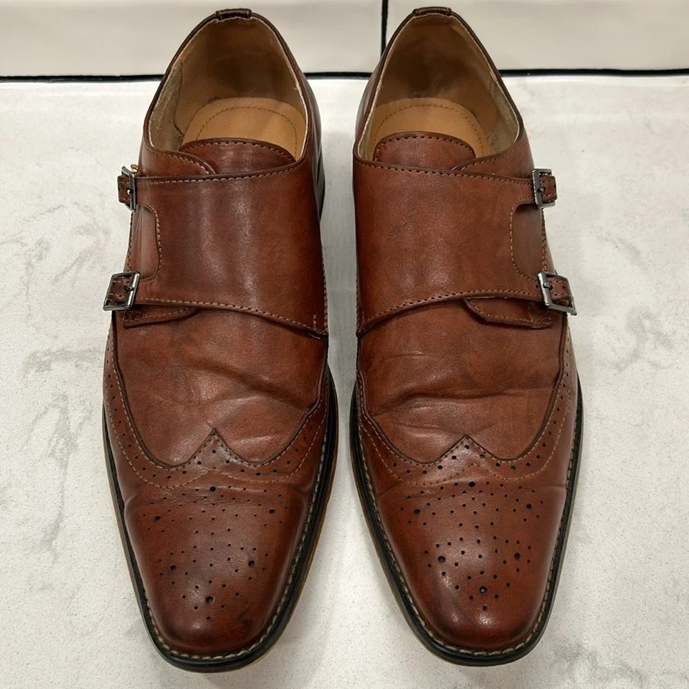 Gino Vitale Brown Monk Strap Brogue Wingtip Leather Men's Dress Shoe 9